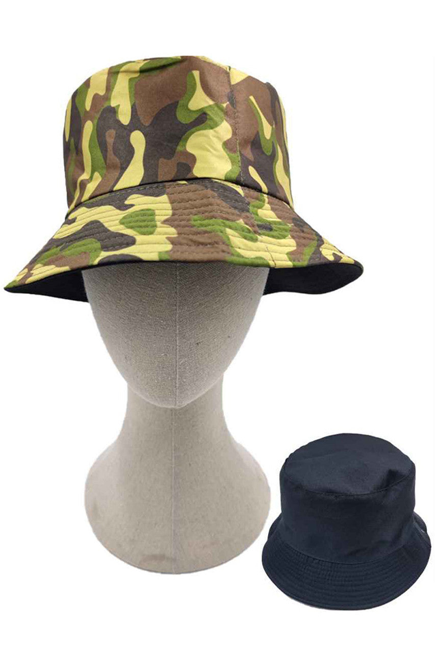 Olive CAMO PRINT REVERSIBLE BUCKET HAT features a versatile camo print design, allowing for two distinct styling options in one accessory. Constructed with durable materials to withstand outdoor elements while providing reliable sun protection. The classic bucket silhouette offers timeless appeal with functional versatility for both casual outings and outdoor activities.