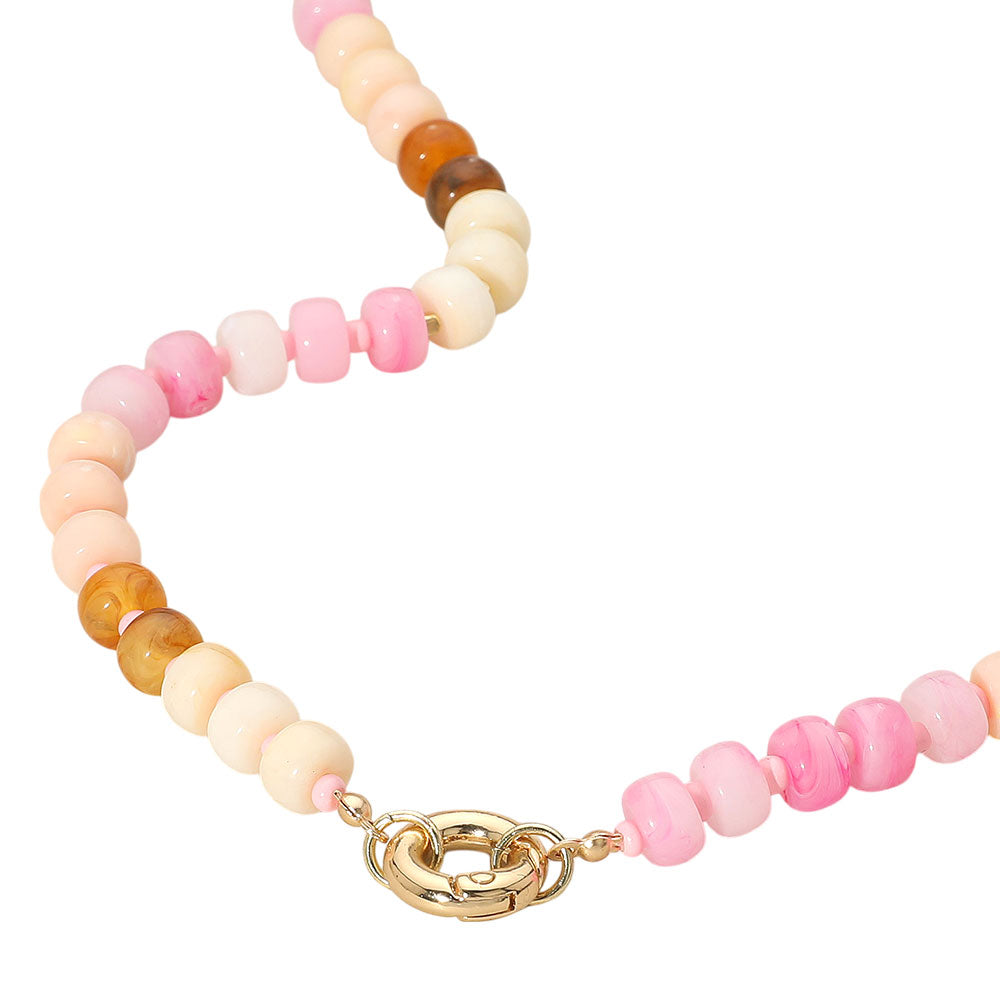 Clasp Accent Disc Beaded Necklace - Pink - Necklace