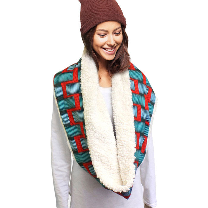 Red Colorful Pattern Soft Sherpa Infinity Scarf, delicate, warm, on trend & fabulous, a luxe addition to any cold-weather ensemble. Great for daily wear in the cold winter to protect you against chill, classic infinity-style scarf & amps up the glamour with plush material that feels amazing snuggled up against your cheeks.