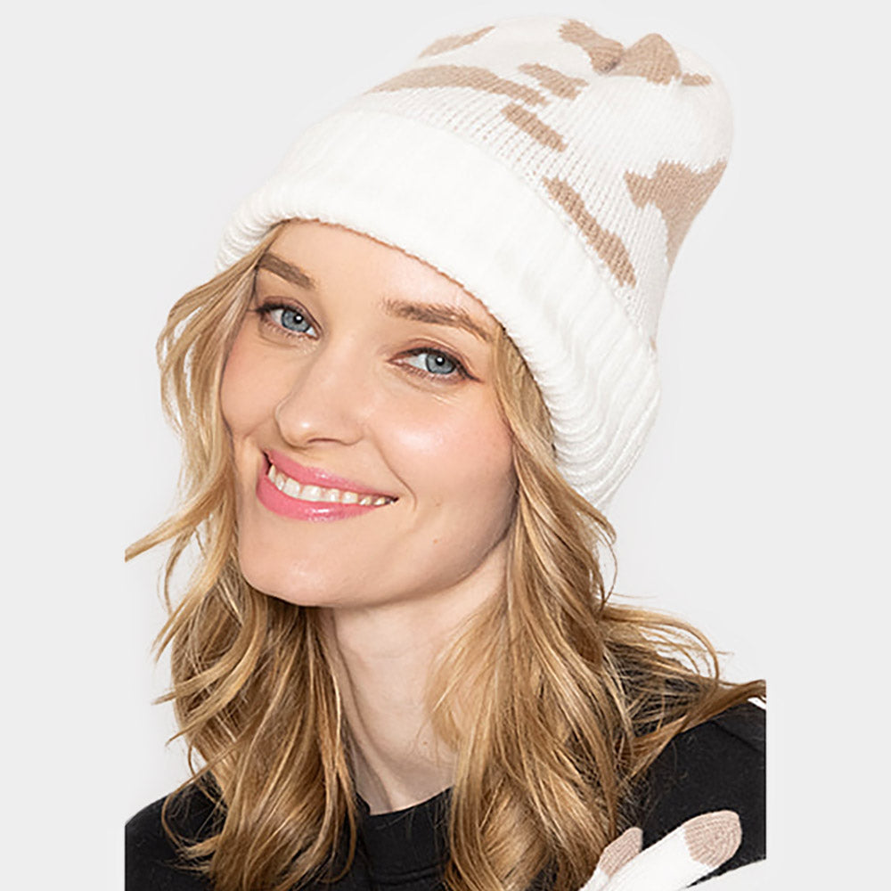 Camel, Ivory Cow Patterned Ribbed Knit Cuff Beanie Hat