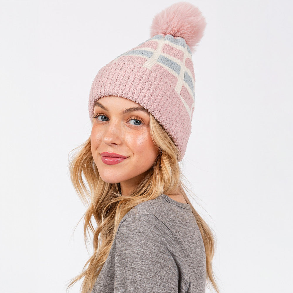 Pink Cozy Color Blocked Pom Pom Beanie Hat