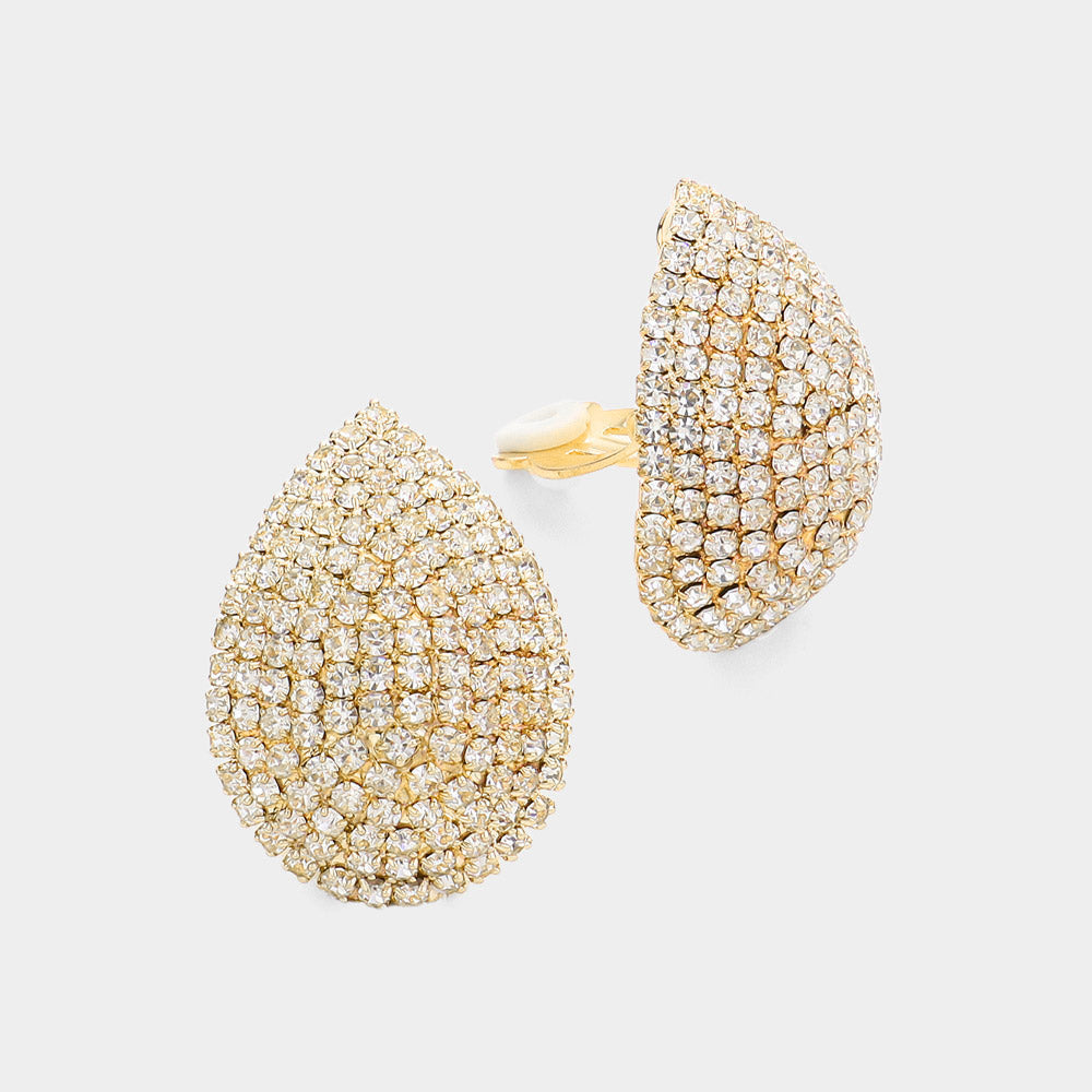 Clear, Gold Crystal Rhinestone Teardrop Dome Clip On Earrings