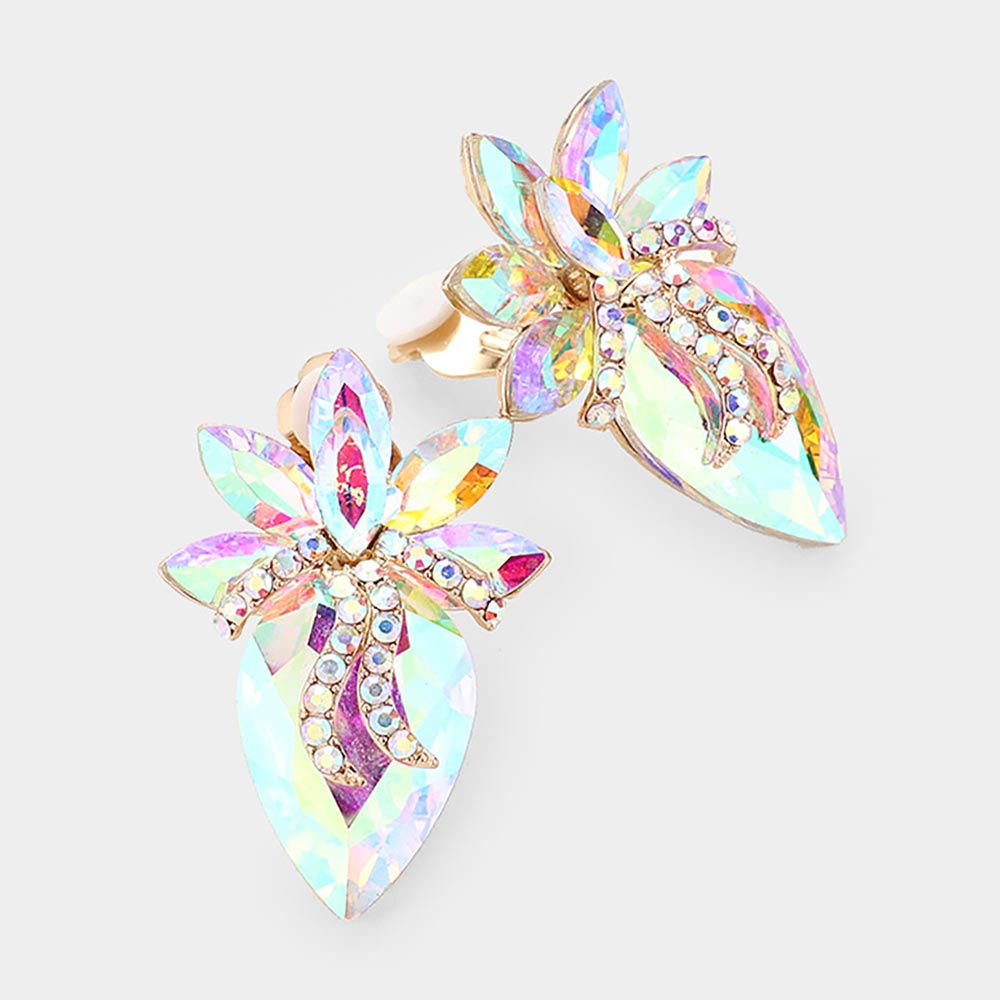 AB, Gold Crystal Teardrop Accented Clip On Earrings