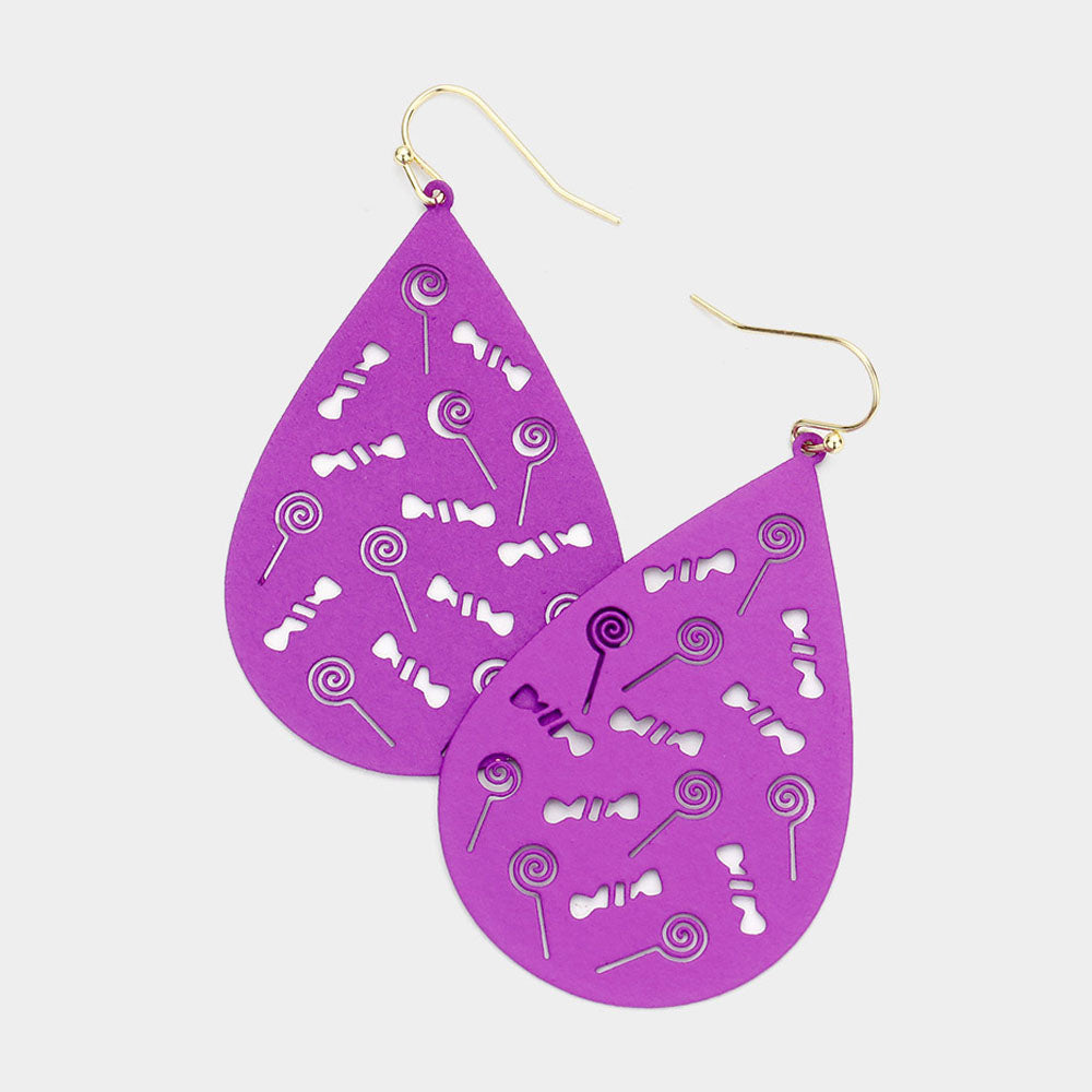 Gold, Purple Cut Out Lollipop Candy Accented Teardrop Dangle Earrings