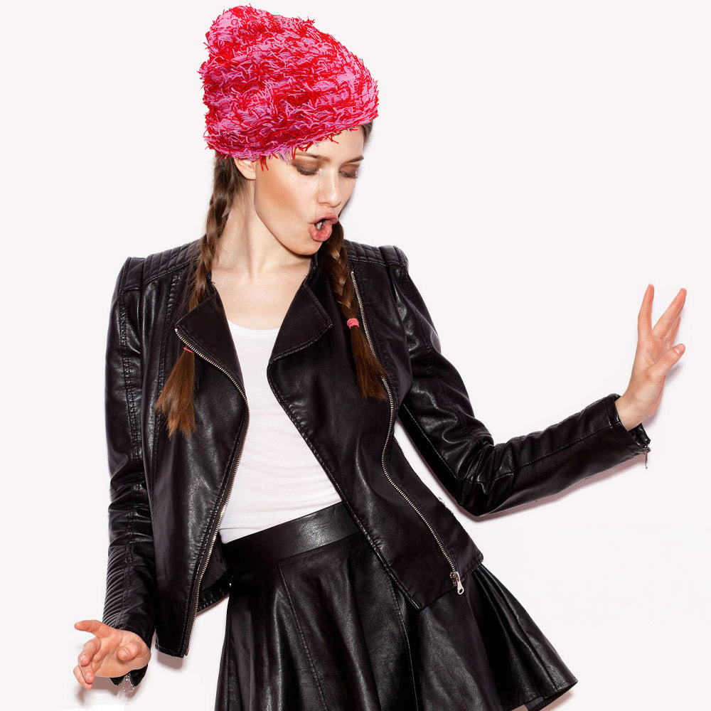 Pink, Red Distressed Knitted Fuzzy Winter Beanie Hat
