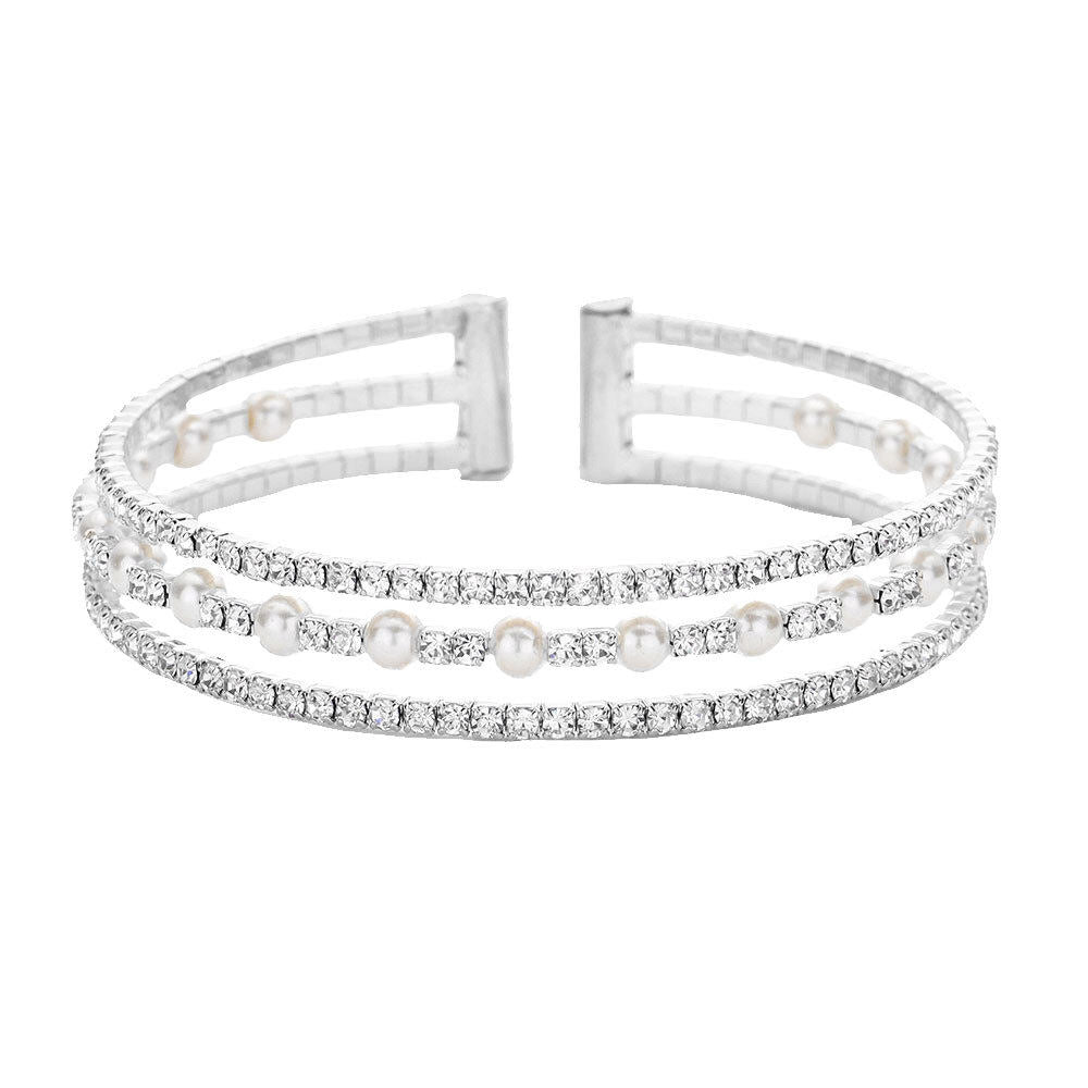 Rhodium Elegant Pearl Accented Rhinestone Wedding Cuff Bracelet Evening Bracelet Special Occasion. Rows of dazzling rhinestones & Pearls & an open end for easy flexible fit. Get cuffed with glitz & glam in this sparkling crystal cuff! Perfect gift for your loved one. Weddings, Prom, Sweet 16, Quinceanera, Graduation, Holiday Parties