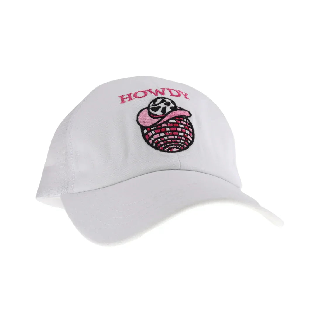 White Embroidered Howdy Disco Ball C.C Ball Cap combines playful style with expert craftsmanship. Featuring detailed embroidery and a unique disco ball design, this cap offers a standout accessory that elevates casual outfits. Its comfortable fit and quality materials ensure durability and all-day wearability, making it a perfect choice for those seeking both fashion and function.