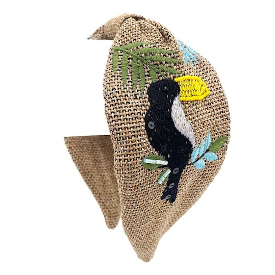 Multicolor Embroidery Leaf Toucan Design Burnout Knot Headband Toucan Hair Band; Push back your hair with this exquisite handcrafted headband, combination materials & knotted Headband will brighten up all your stylish outfits. Perfect Birthday Gift, Mother's Day, Just Because Gift, Thank you Gift, Ideal for Graduation, Easter