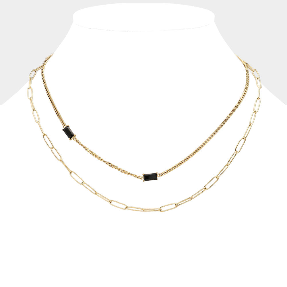 Black, Gold Emerald Cut Stone Cluster Pointed Stainless Steel Paperclip Chain Layered Necklace