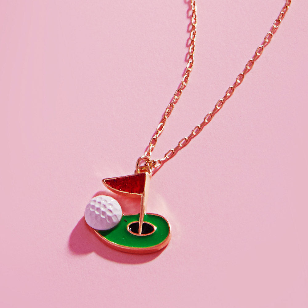 Gold, Green, Red Enamel Golf Ball Hole Flag Pendant Necklace