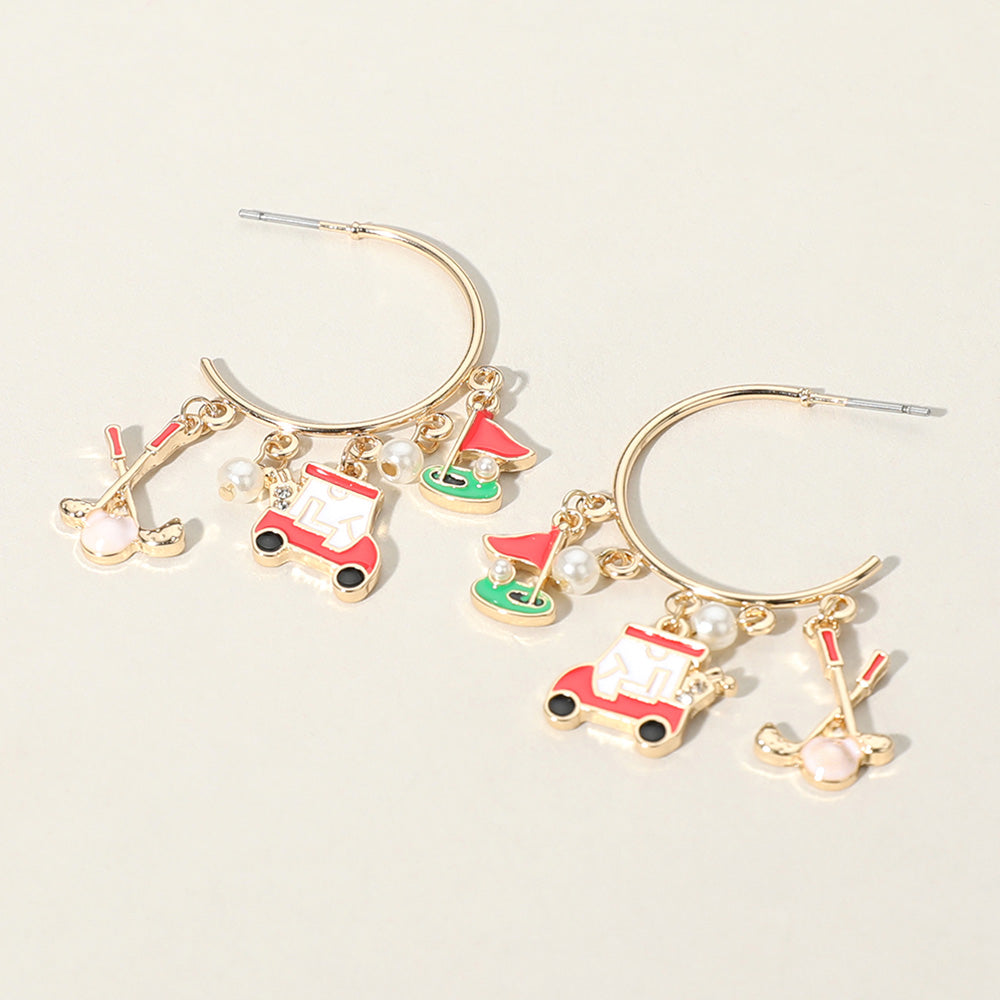 Gold, Red Enamel Golf Pearl Charm Dangle Hoop Earrings