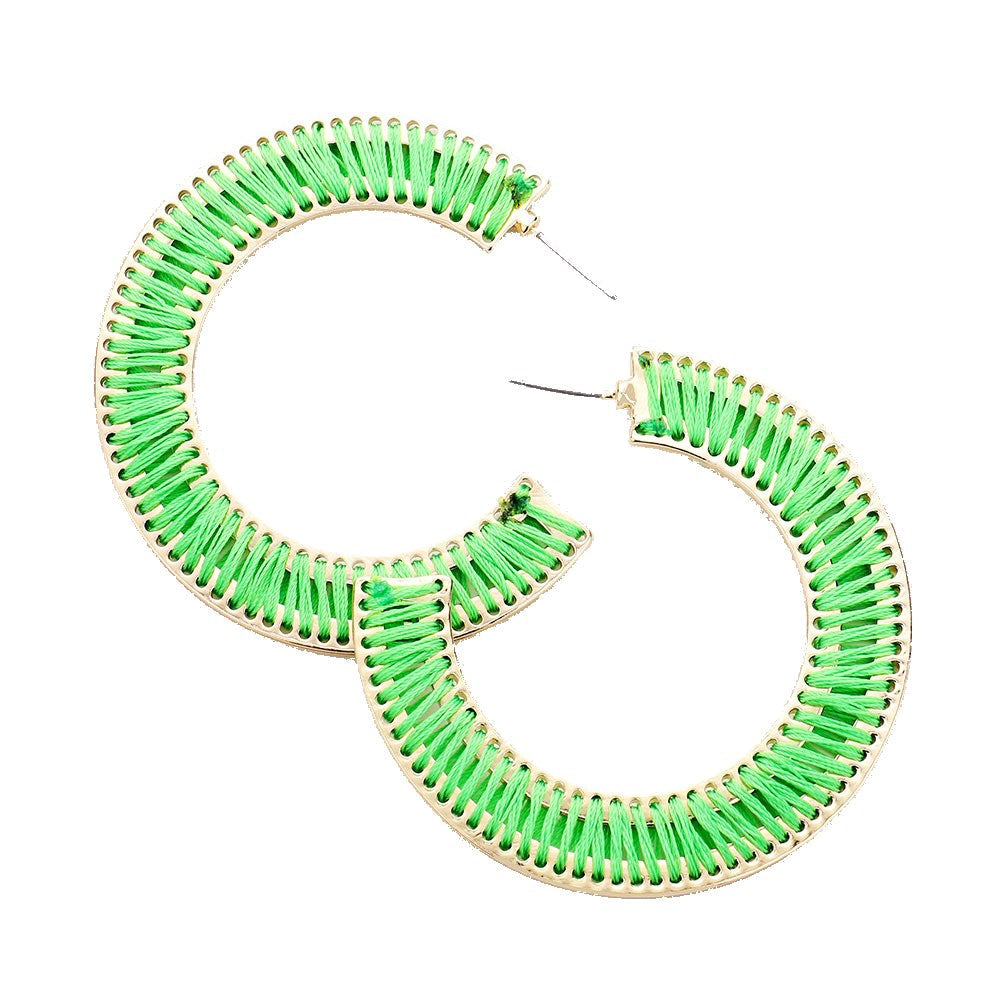 Erin Multiple Color Thread Stitched Wrapped Tassel Lace Trim Half Hoop Stud Earrings - Green