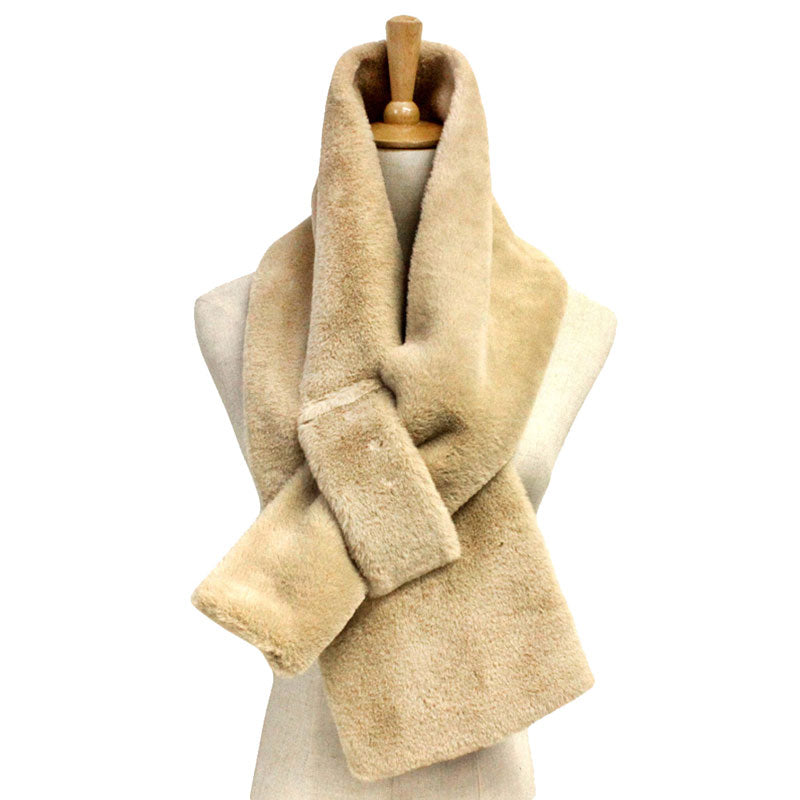 Beige Fall Winter Sold Faux Fur Pull Through Scarf, delicate, warm, on trend & fabulous, a luxe addition to any cold-weather ensemble. Great for daily wear in the cold winter to protect you against chill, classic infinity-style scarf & amps up the glamour with plush material that feels amazing snuggled up against your cheeks.