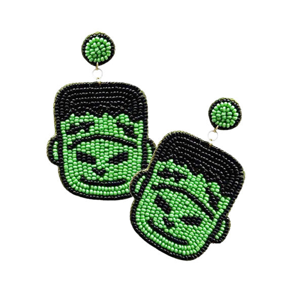 Felt Back Seed Beaded Frankenstein Dangle Earrings - Green - Earrings