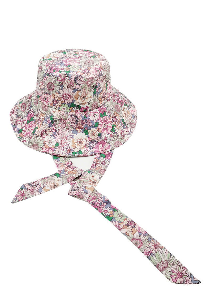 Pink Floral Print Chine Tie Bucket Hat features an intricate botanical pattern on premium fabric with a functional chin tie for secure positioning. The classic bucket silhouette provides optimal sun protection while the distinctive floral motif adds sophisticated visual interest. Expertly constructed with reinforced stitching for enhanced durability and shape retention.