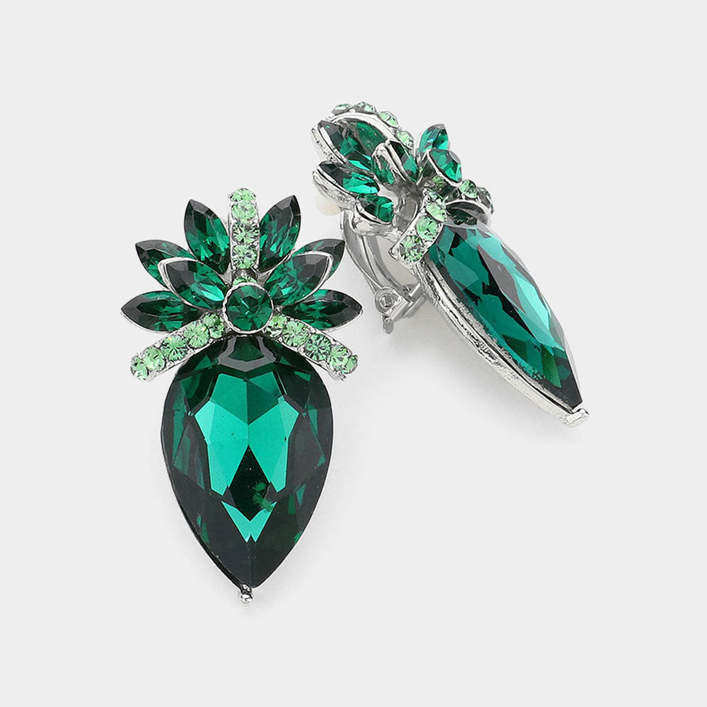 Emerald, Rhodium Floral Teardrop Crystal Clip On Earrings