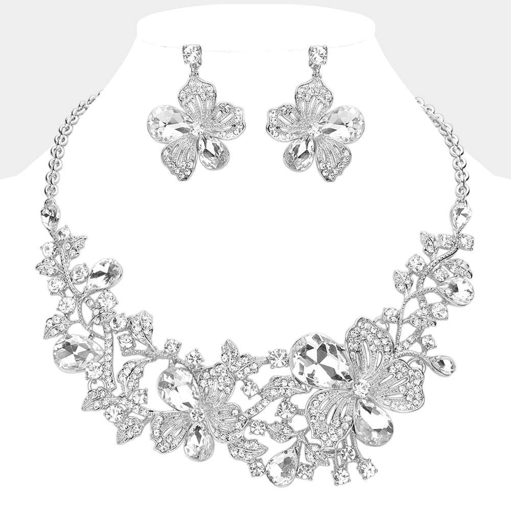 Clear, Rhodium Flower Glass Stone Embellished Evening Necklace