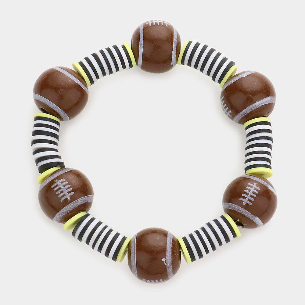 Brown Football Accented Heishi Beaded Stretch Bracelet