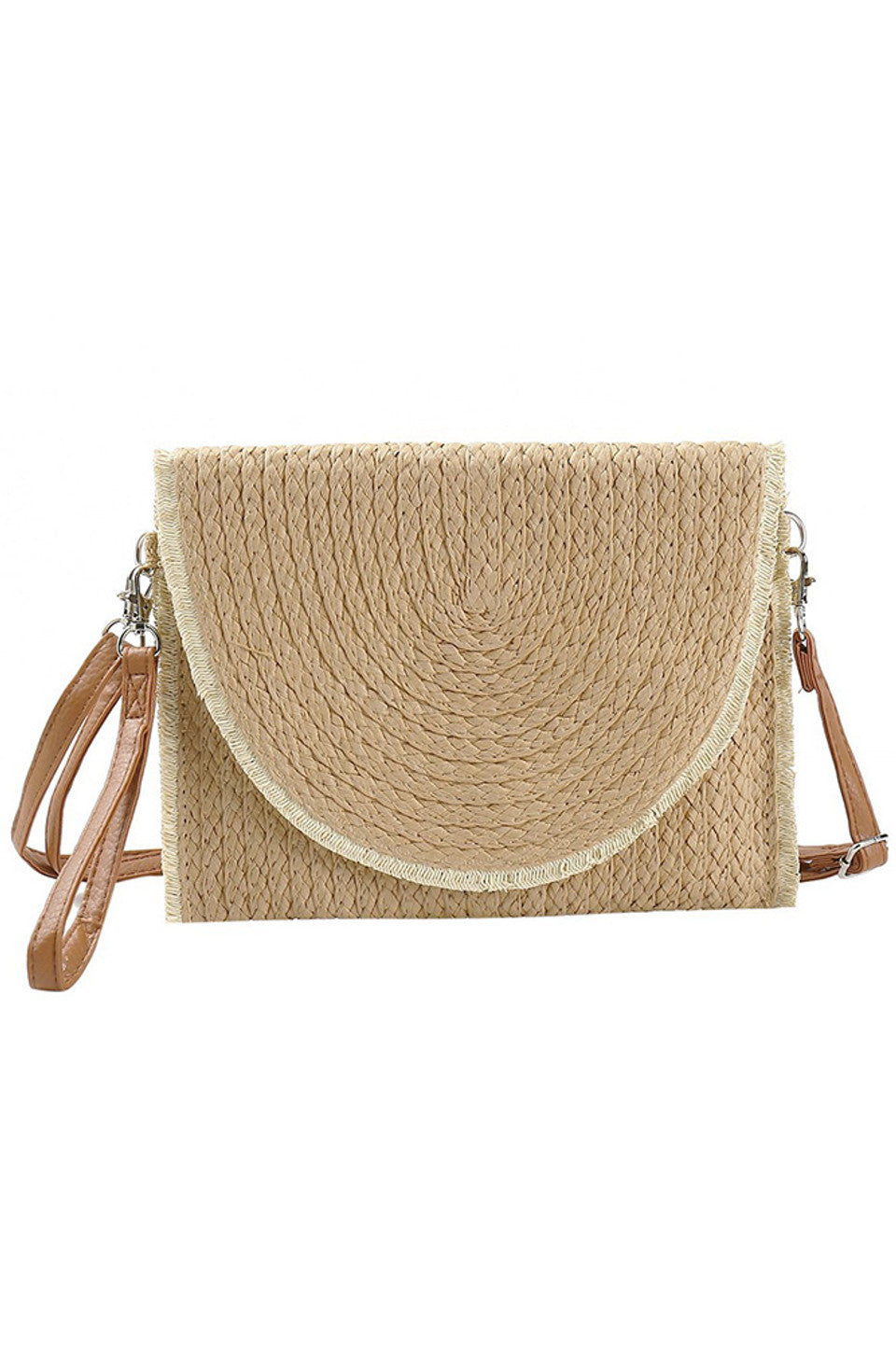 Taupe Frayed Trim Two Tone Straw Clutch Crossbody Bag combines artisanal design with practical elegance. Featuring a natural straw construction with a sophisticated two-tone palette, this bag is accented by a distinctive frayed trim that enhances its textured appeal. Its compact clutch form is complemented by a crossbody strap, offering versatile wear and hands-free convenience. Lightweight yet durable, this accessory is perfect for elevating both casual and dressy ensembles with a refined, summery touch.