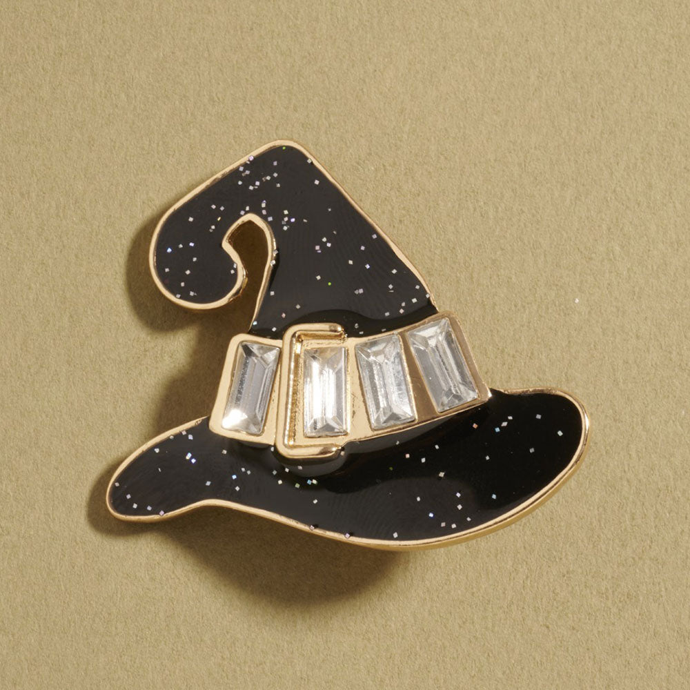 Jet Black Gem Stone Accent Halloween Witch Hat Pin Brooch