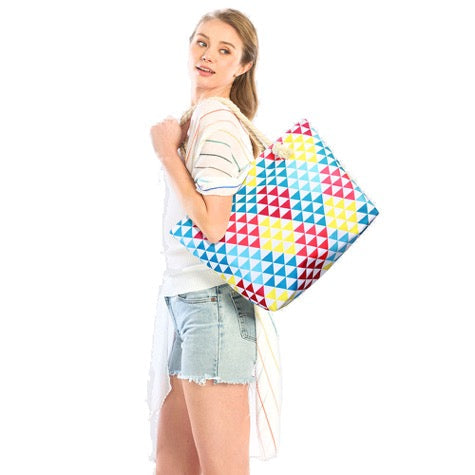 Multi Geometric Print Beach Bag is great if you are out shopping, going to the pool or beach, this bright tote bag is the perfect accessory. Spacious enough for carrying all your essentials. Great Beach, Vacation, Pool, Birthday Gift, Anniversary Girl, Paint Shopper Bag, Soft Rope Handles The Must Have Accessory!