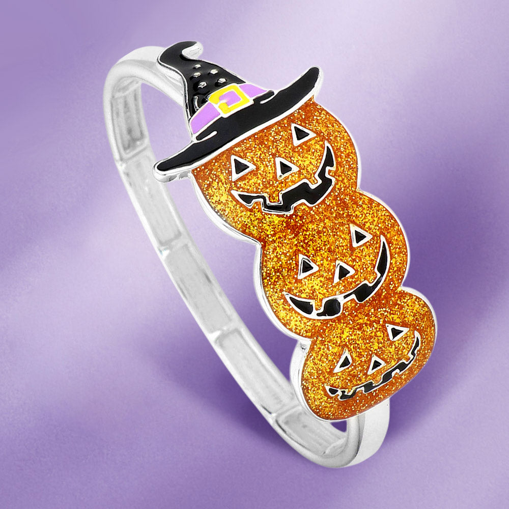 Multi, Silver Glittered Halloween Pumpkin Witch Hat Stretch Bracelet