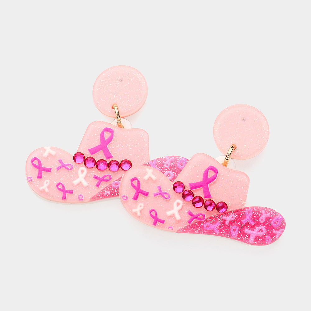 Pink Glittered Pink Ribbon Cowboy Hat Dangle Earrings