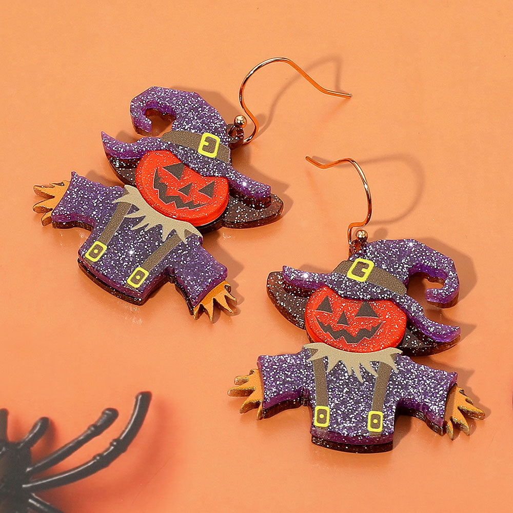 Purple Glittered Resin Scarecrow Halloween Pumpkin Dangle Earrings