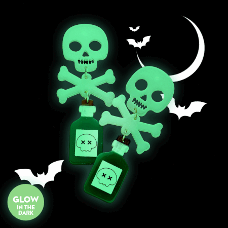 Stand out from the crowd with these bone-chillingly cool Glow in The Dark Skull Bone Poison Bottle Dangle Earrings! Perfect for adding a spooky touch to any outfit, these awesome earrings will make you the envy of all your gothic friends! Perfect gift for Halloween, especially for your friends, family, loved ones.