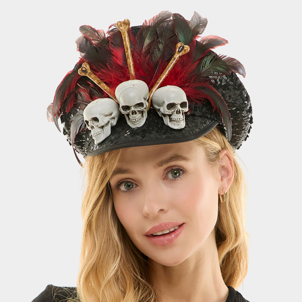 Multi Gothic Skull Bone Feather Embellished Halloween Costume Hat