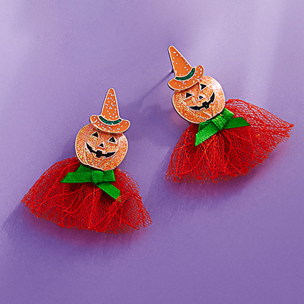 Orange Halloween Pumpkin with Bow Earrings