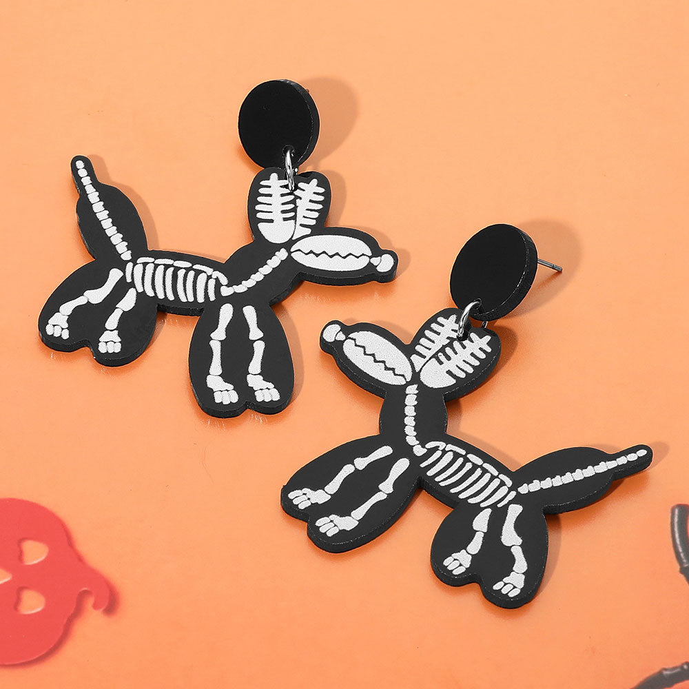 Black Halloween Skeleton Balloon Dog Dangle Earrings