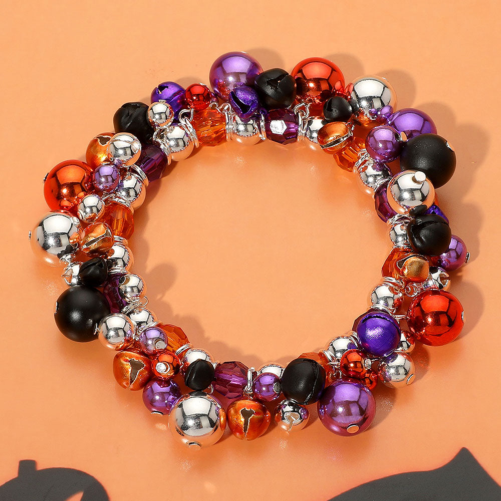 Purple , Silver Halloween Themed Color Beaded Stretch Bracelet
