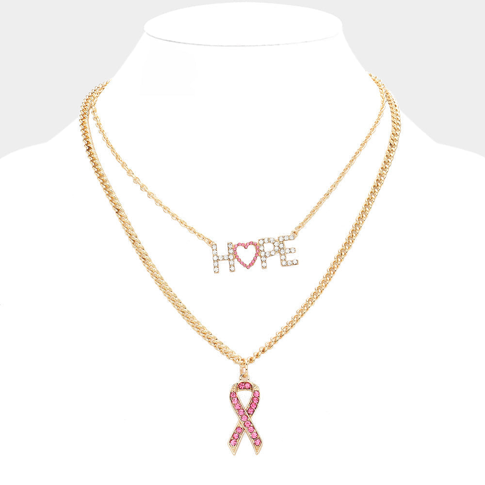Gold, Pink Hope Message Pink Ribbon Pendant Double Layered Necklace