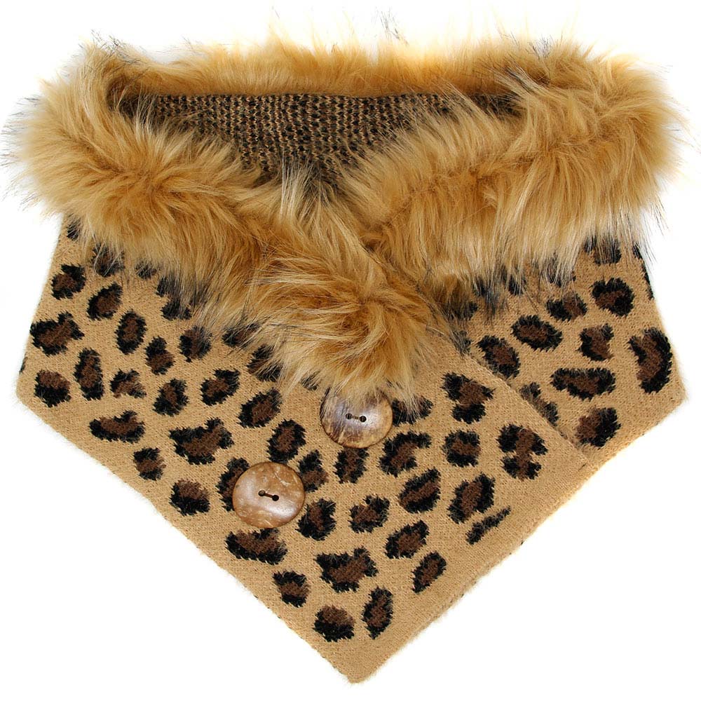 Leopard Faux Fur Chenille Triangle Tube Scarf with Button Details, warm cozy over the shoulder scarf, plushy addition to any cold-weather ensemble, adds a modern touch to the cozy style with a bold animal print. Put over jacket, jazz up your look. Feel Warm & Stylish; Ideal Gift for holiday; Taupe, Gray, Ivory, Beige;