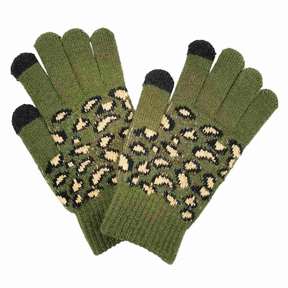 Olive Green Leopard Patterned Knit Smart Gloves, cozy design gives a trendy, chic style to any stylish winter wardrobe. An eye-catching colorblock, tech-friendly, stretches for snug fit. Perfect Birthday Gift, Anniversary Gift, Regalo Navidad, Regalo Cumpleanos, Regalo Dia del Amor
