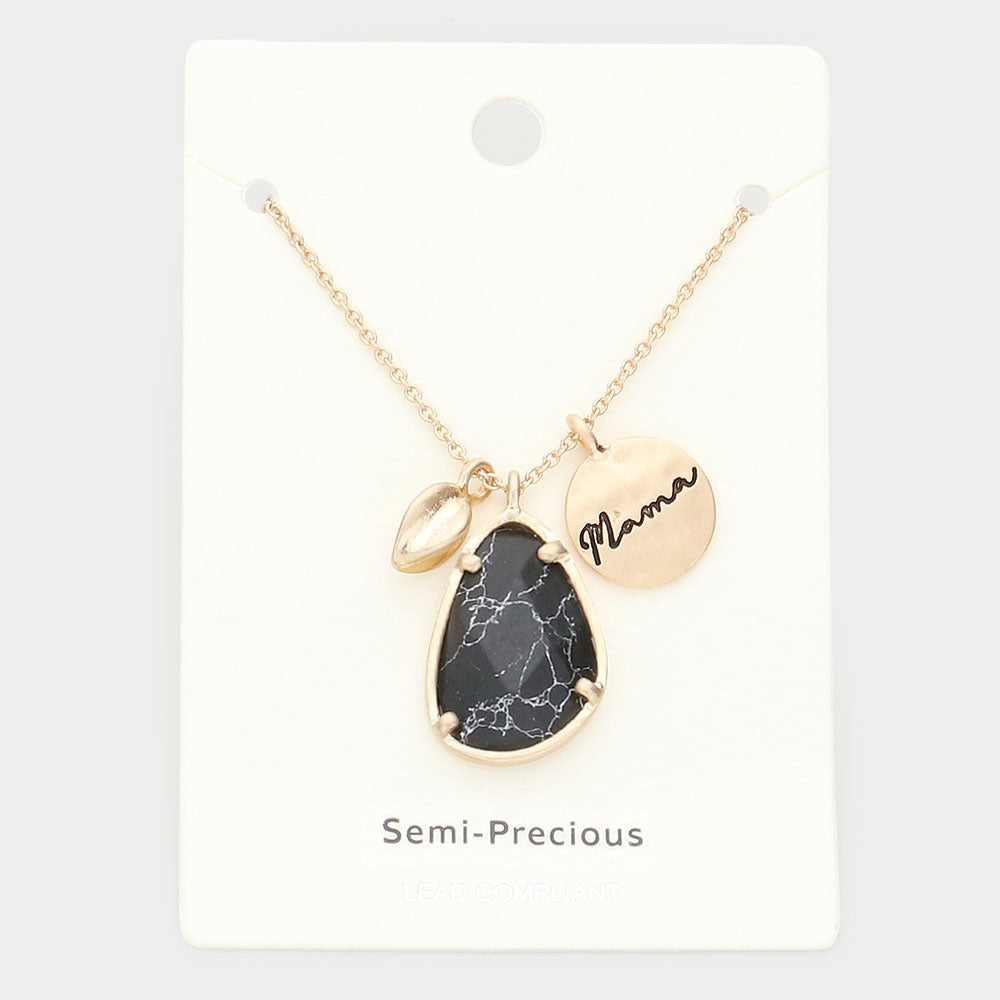 Jet Black Mama Metal Disc Irregular Teardrop Semi Precious Pendant Necklace
