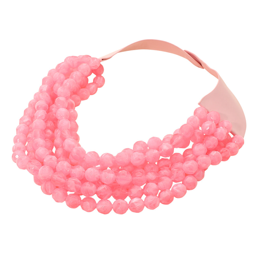 Marbled Faceted Acrylic Ball Beaded Multi Strand Layered Faux Leather Magnetic Necklace - Pink - Necklaces