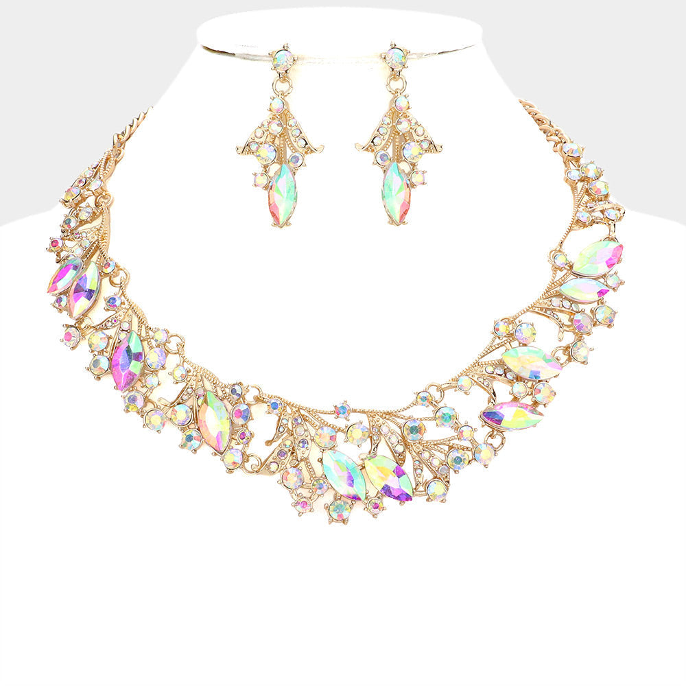 AB, Gold Marquise Stone Accented Leaf Evening Necklace