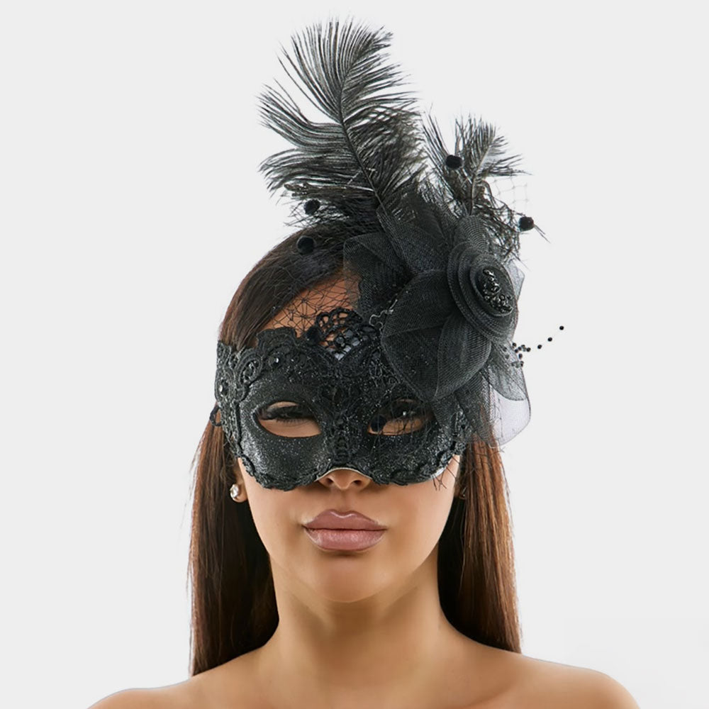 Black Mesh Flower Feather Accent Lace Masquerade Halloween Mask