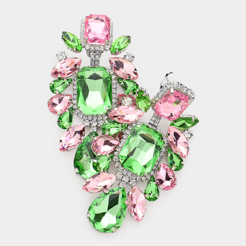 Pink&Green Multi Stone Embellished Evening Clip on Earrings