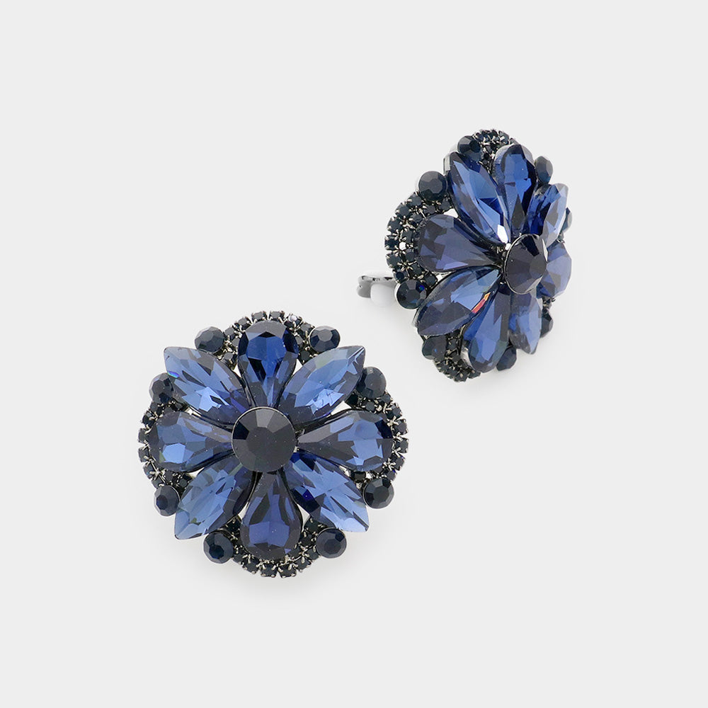 Navy Multi Stone Floral Clip on Evening Earrings