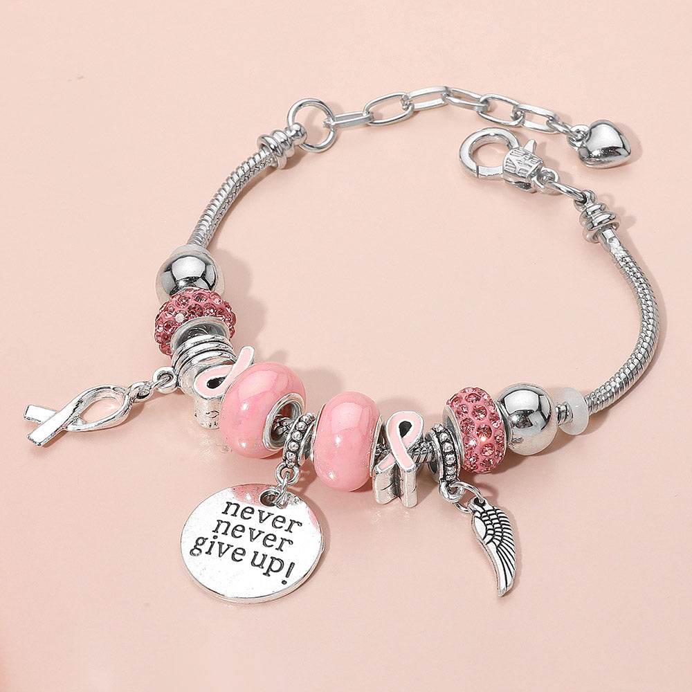 Pink Never Give Up Disc Wing Pink Ribbon Charm Multi Beaded Bracelet