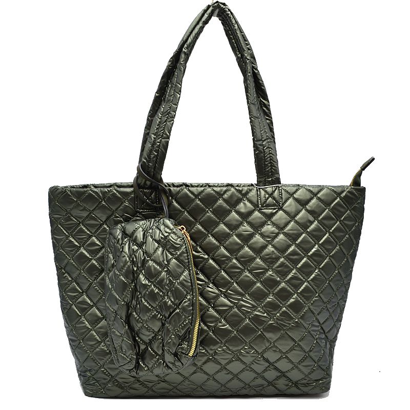 2-in-1 Large Quilted Zipper Tote with Pouch - Olive - Tote Bag