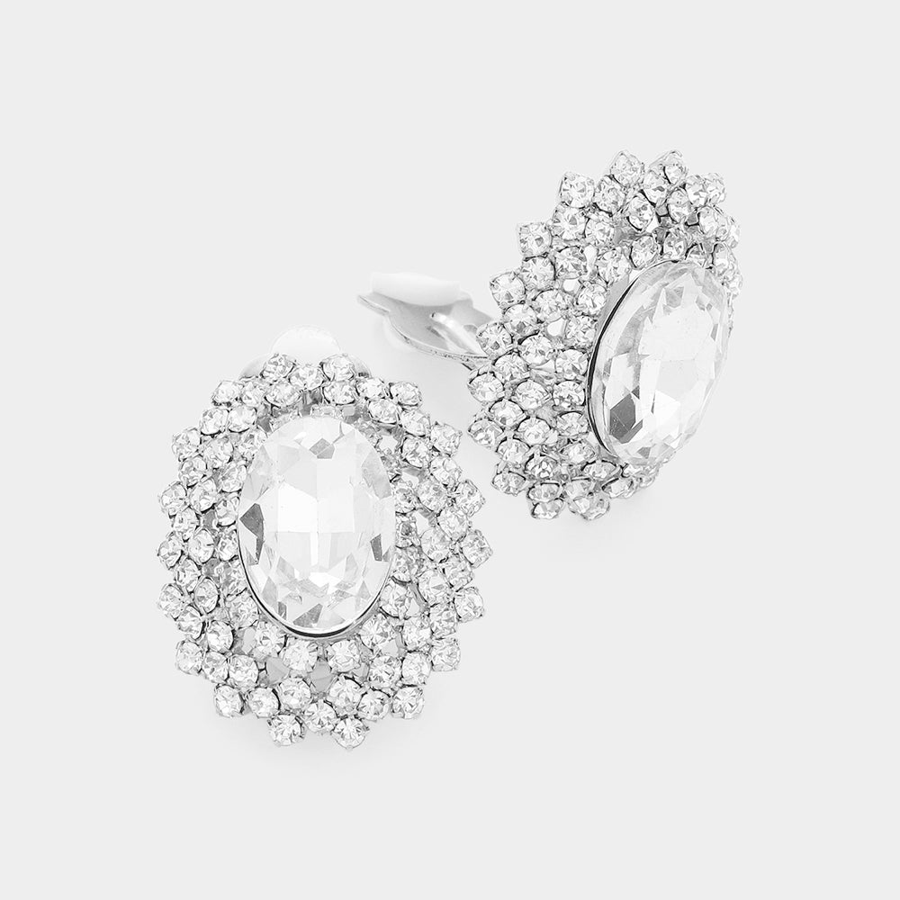 Silver Oval Stone Pointed Evening Clip On Earrings