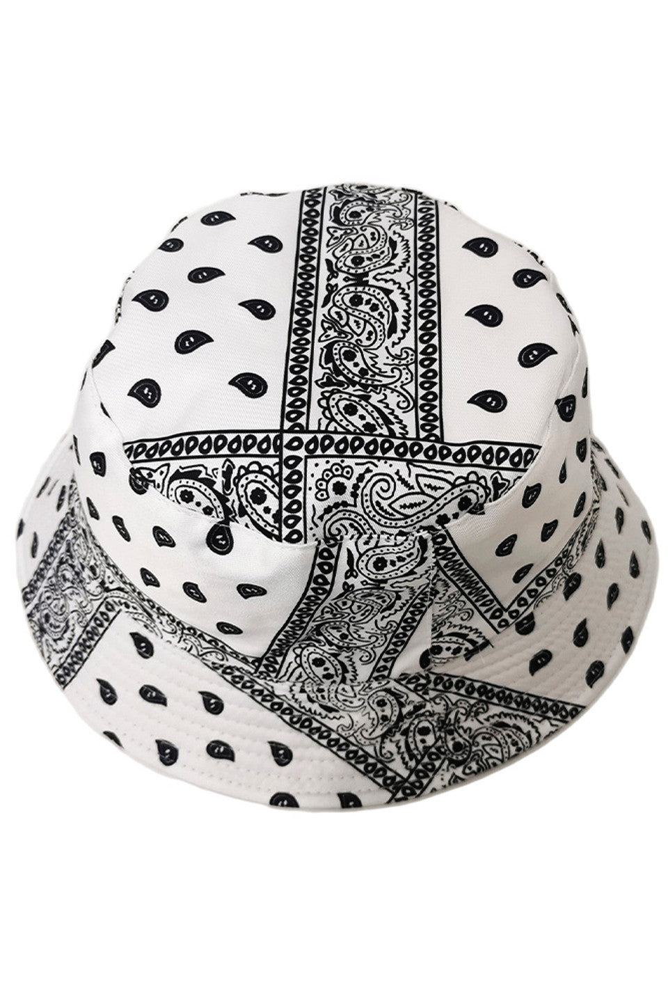 White PAISLEY REVERSIBLE BUCKET HAT offers dual-wearing options with its distinctive paisley pattern on one side and a complementary solid reverse. Constructed with premium materials for superior shape retention and comfort. The versatile silhouette provides excellent sun protection while delivering a sophisticated aesthetic that transitions seamlessly between casual and refined settings.
