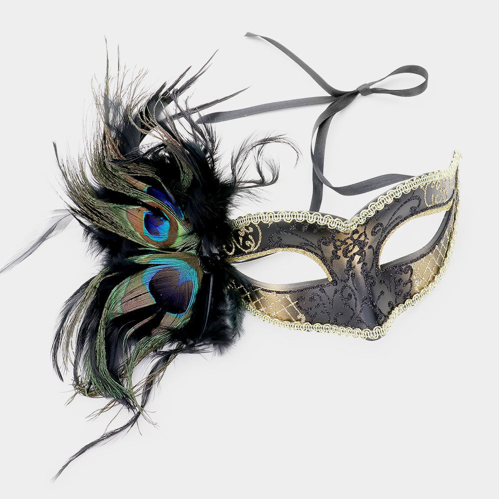 Black, Gold Peacock Feather Venetian Masquerade Mask