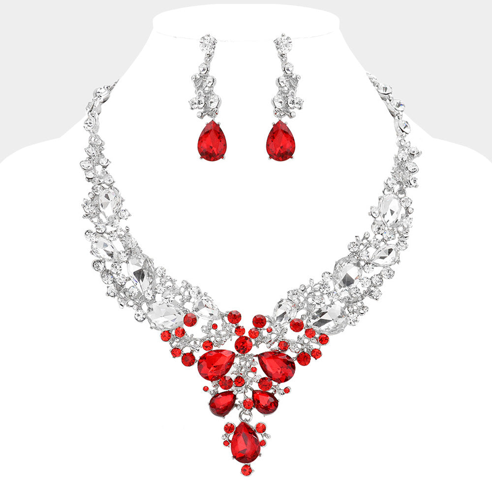 Red, Silver Pearl Round Teardrop Stone Accented Evening Necklace