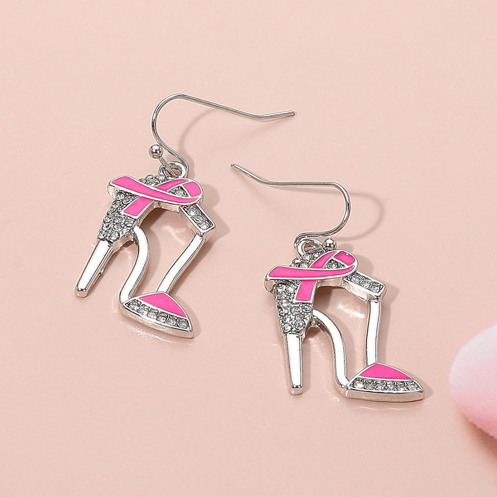 Pink, Rhodium Pink Ribbon Accent Rhinestone Paved High Heel Dangle Earrings