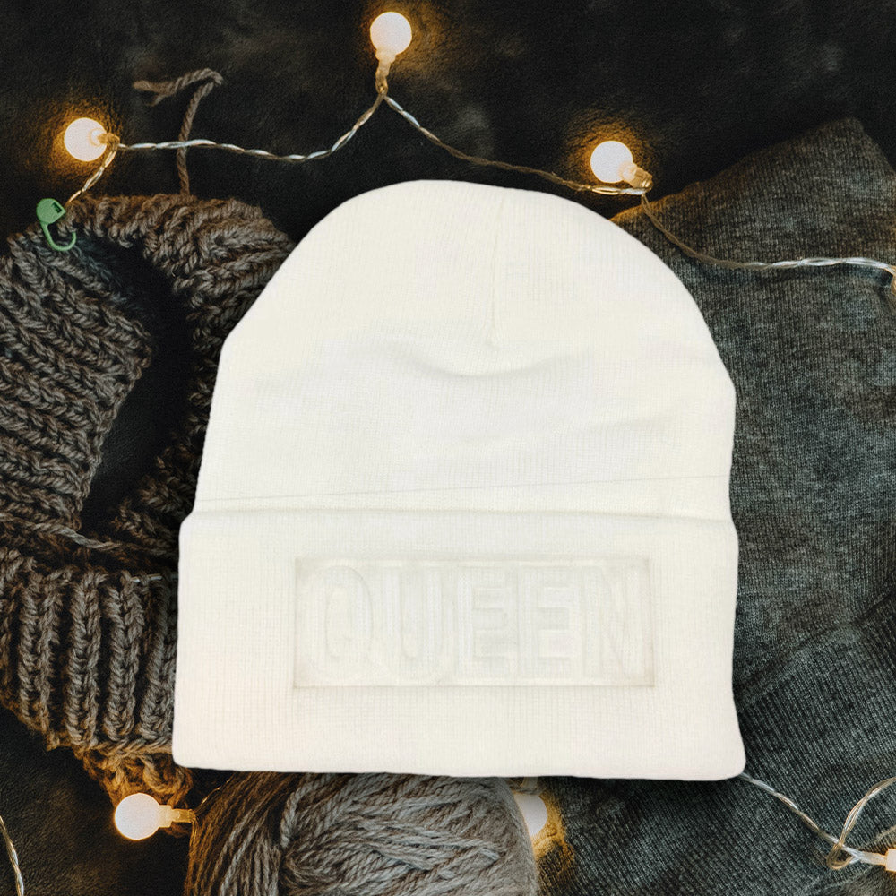 White Queen Message Solid Knit Beanie Hat